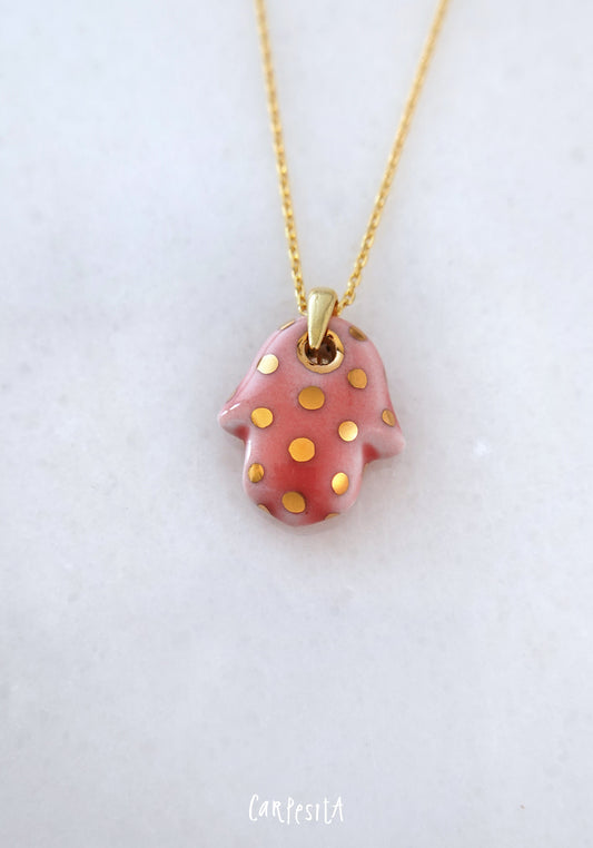 Pembe Benekli Hamsa Kolye