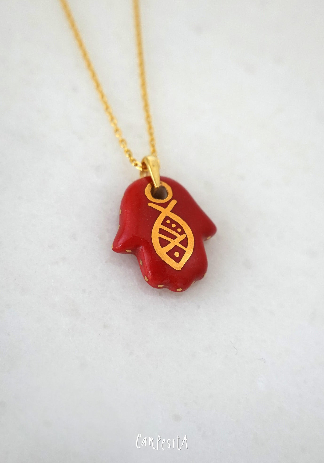 Balıklı Kırmızı Hamsa Kolye