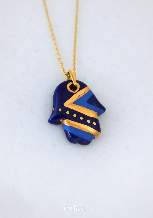 Büyük Mavi Çizgili Hamsa Kolye