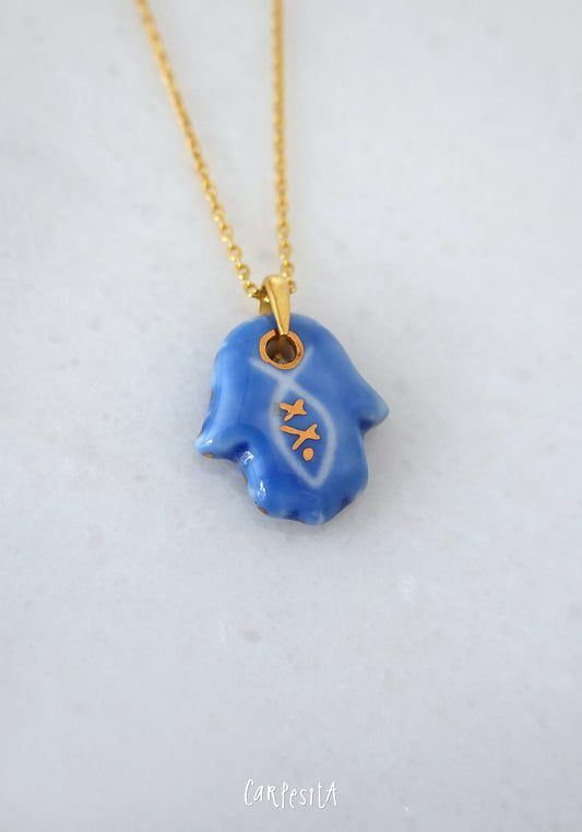 Mavi Balıklı Hamsa Kolye