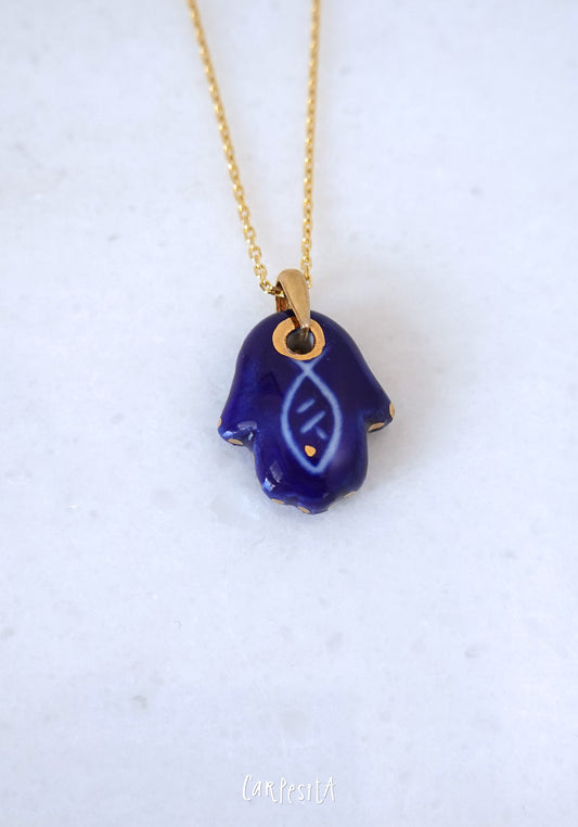 Lacivert Balıklı Hamsa Kolye